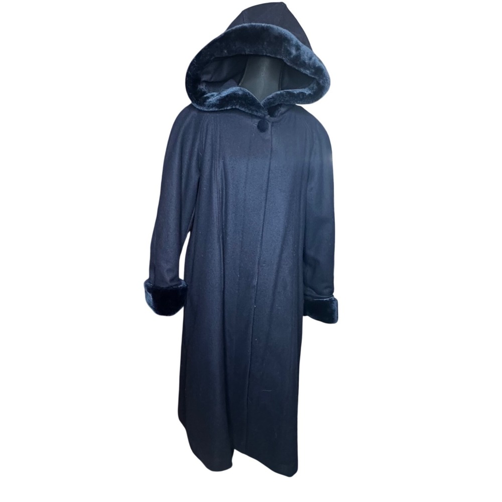 Trilogi Collection Vtg Navy Wool Blend Hooded Long Coat Faux Fur Trim Size 14